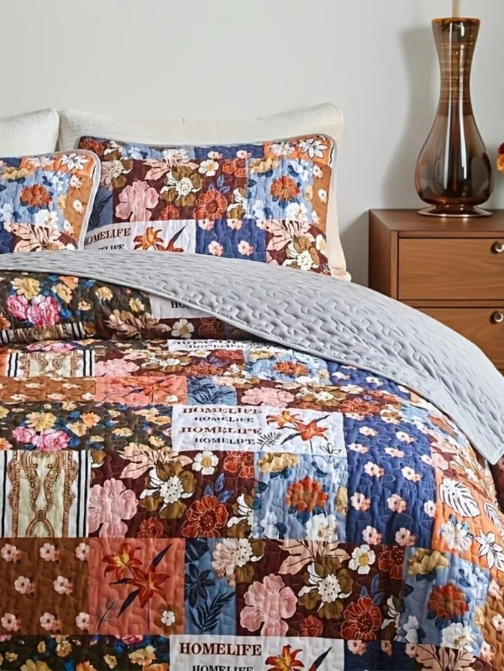 3-Piece Boho Floral Patchwork Quilt Set King Size Flower Daisy Colorful Bedsprea_4
